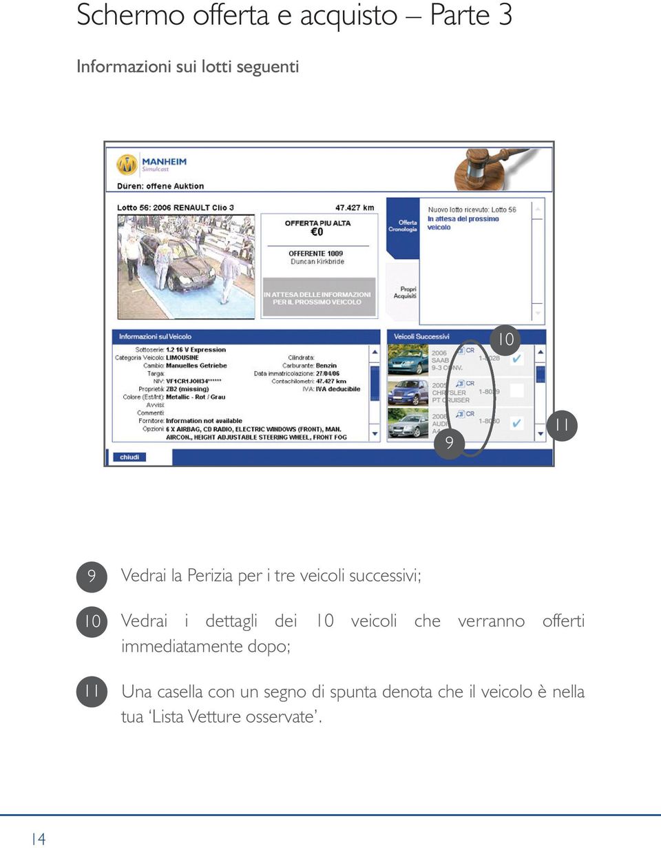 dei 10 veicoli che verranno offerti immediatamente dopo; Una casella con un
