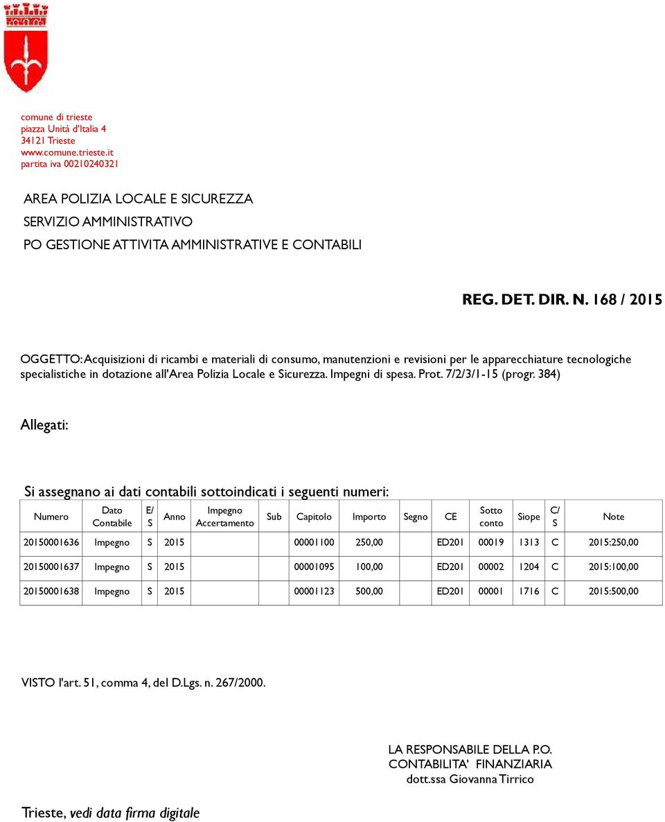 384) Allegati: Si assegnano ai dati contabili sottoindicati i seguenti numeri: Numero Dato Contabile E/ S Anno Impegno Accertamento Sub Capitolo Importo Segno CE 20150001636 Impegno S 2015 00001100