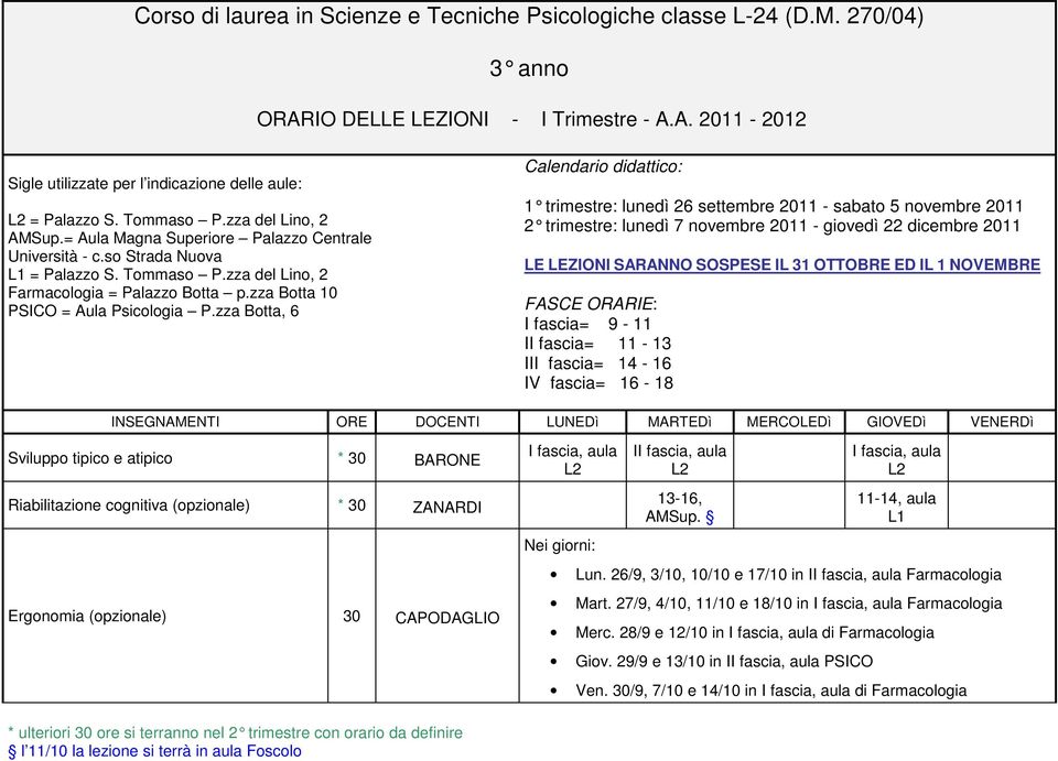 zza Botta, 6 Calendario didattico: 1 trimestre: lunedì 26 settembre 2011 - sabato 5 novembre 2011 2 trimestre: lunedì 7 novembre 2011 - giovedì 22 dicembre 2011 LE LEZIONI SARANNO SOSPESE IL 31