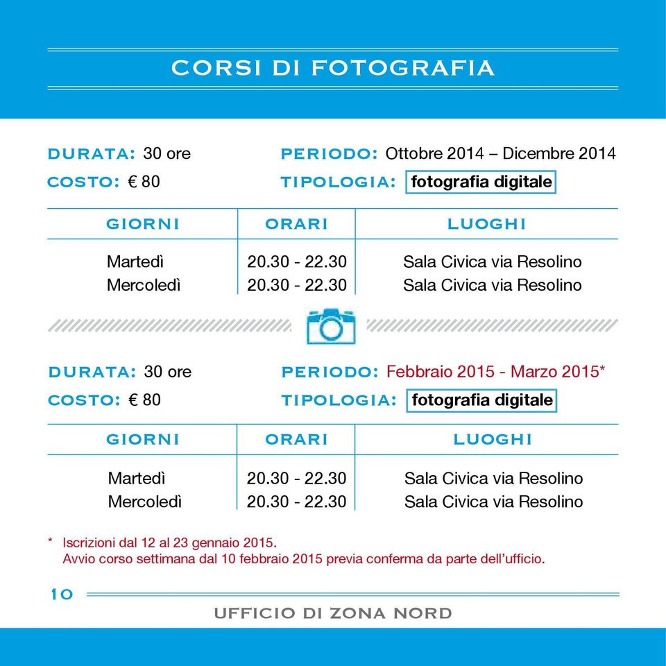 30 Sala Civica via Resolino durata: 30 ore periodo: Febbraio 2015 - Marzo 2015* costo: 80 tipologia: fotografia digitale Martedì