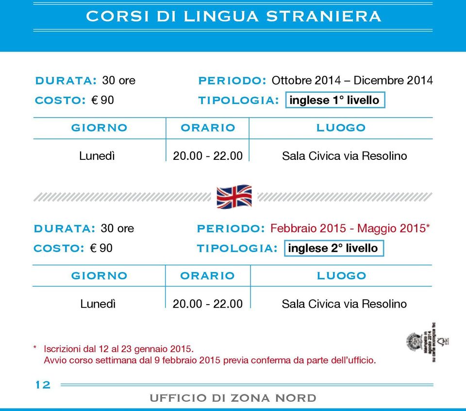 00 Sala Civica via Resolino durata: 30 ore periodo: Febbraio 2015 - Maggio 2015* costo: 90 tipologia: inglese 2