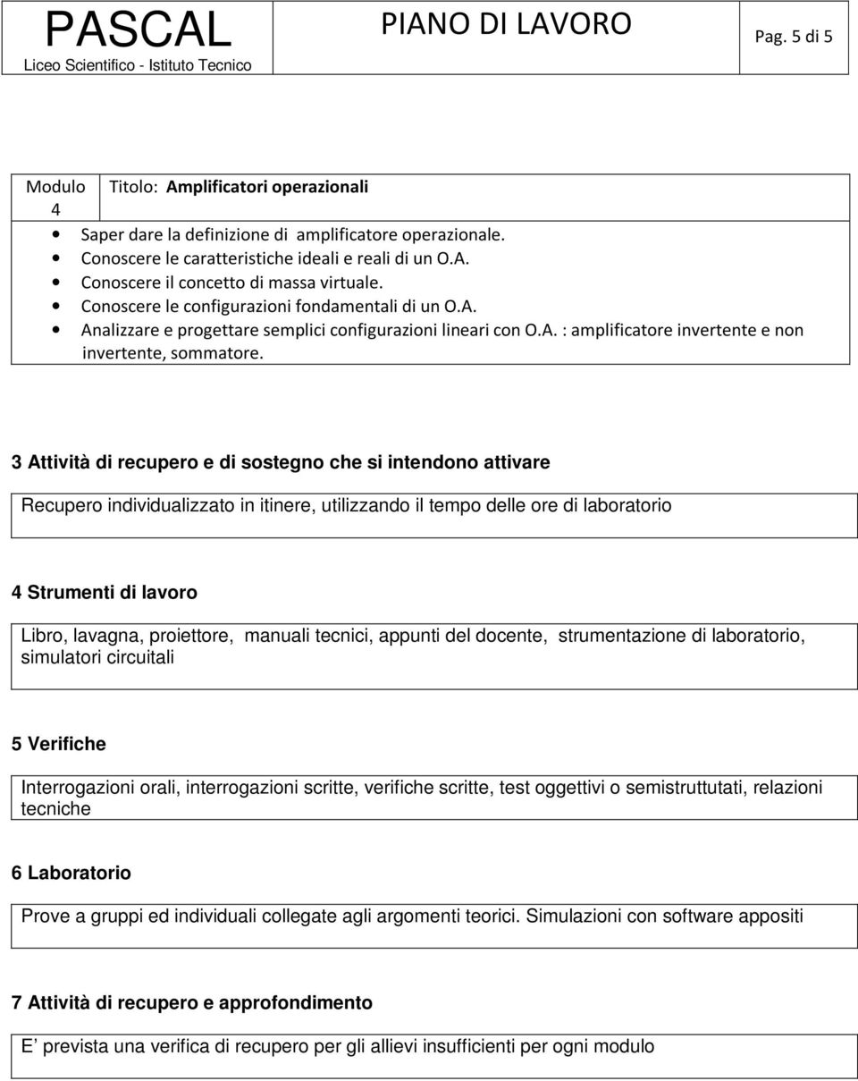 3 Attività di recupero e di sostegno che si intendono attivare Recupero individualizzato in itinere, utilizzando il tempo delle ore di laboratorio 4 Strumenti di lavoro Libro, lavagna, proiettore,