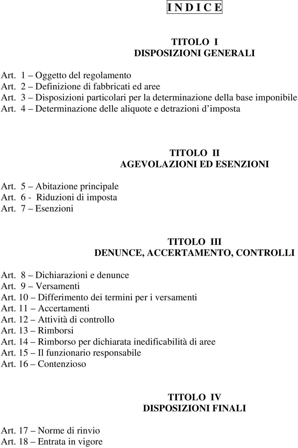 6 - Riduzioni di imposta Art. 7 Esenzioni TITOLO II AGEVOLAZIONI ED ESENZIONI TITOLO III DENUNCE, ACCERTAMENTO, CONTROLLI Art. 8 Dichiarazioni e denunce Art. 9 Versamenti Art.