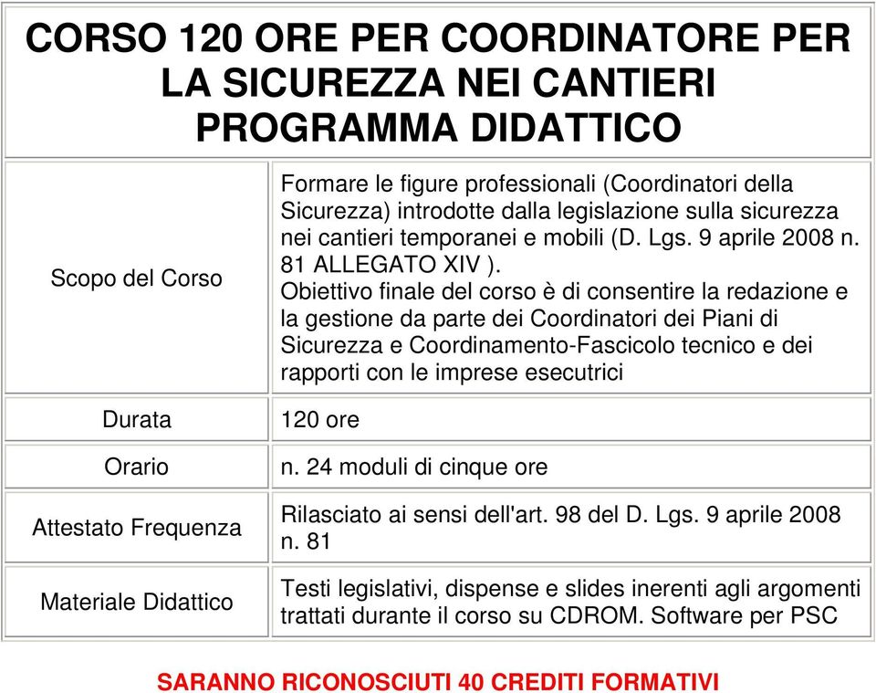 Obiettivo finale del corso è di consentire la redazione e la gestione da parte dei Coordinatori dei Piani di Sicurezza e Coordinamento-Fascicolo tecnico e dei rapporti con le imprese esecutrici