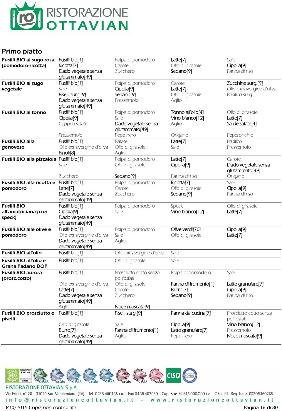 Dado vegetale senza Prezzemolo Fusilli BIO al tonno Fusilli bio[1] Polpa di Tonno all'olio[4] Cipolla[9] Vino bianco[12] Latte[7] Capperi salati Dado vegetale senza Sarde salate[4] Prezzemolo Pepe