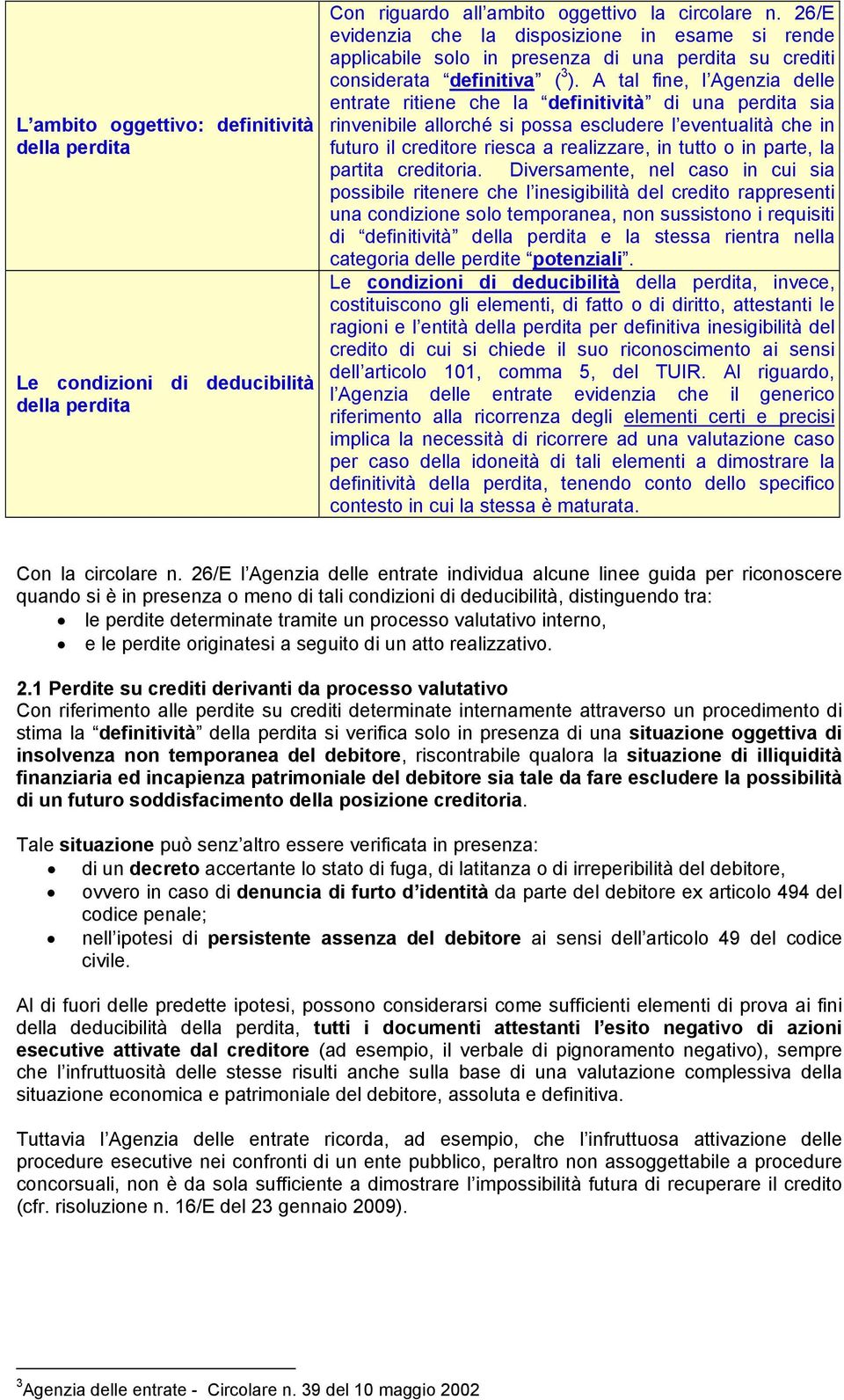 A tal fine, l Agenzia delle entrate ritiene che la definitività di una perdita sia rinvenibile allorché si possa escludere l eventualità che in futuro il creditore riesca a realizzare, in tutto o in