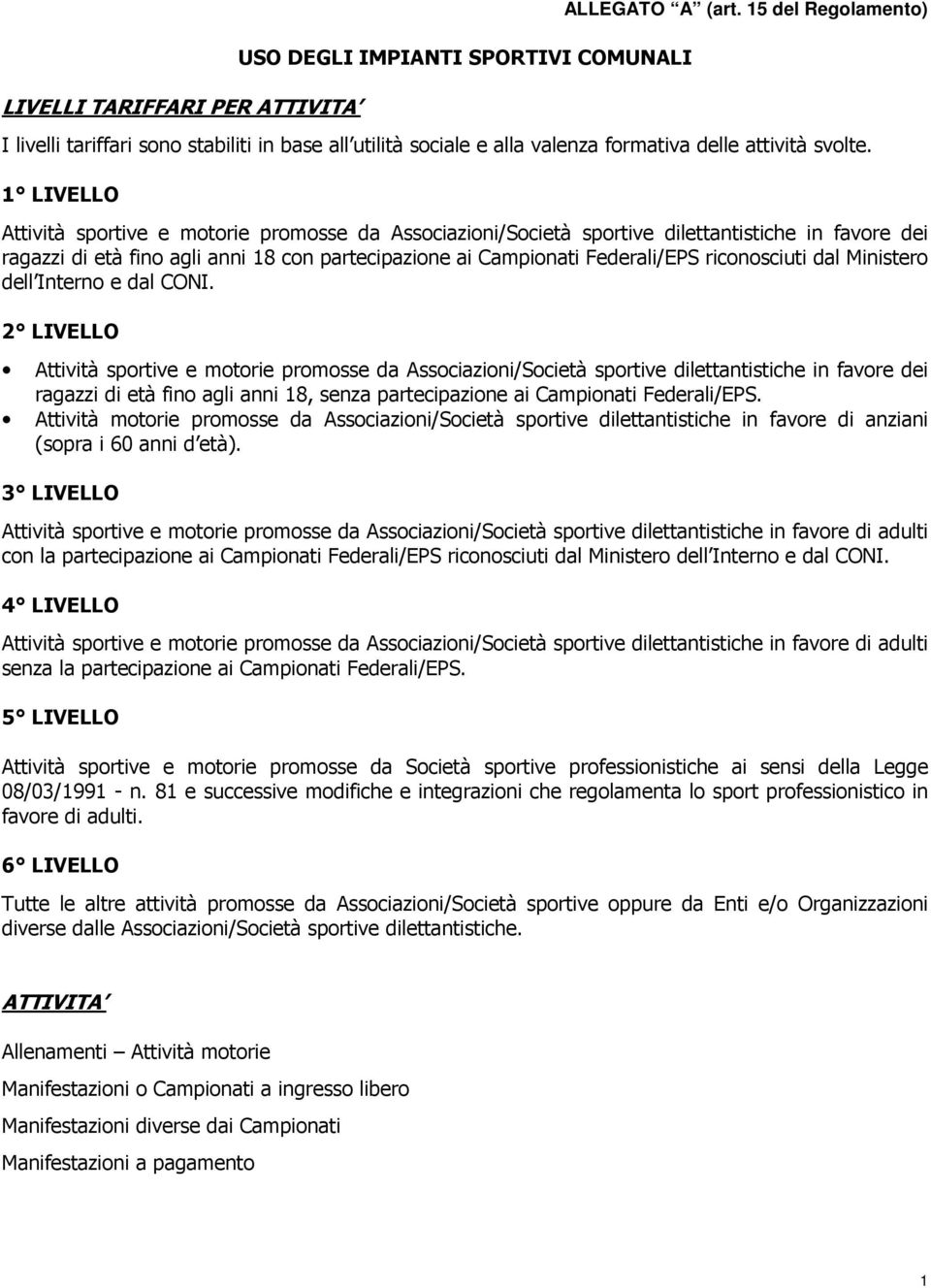 1 LIVELLO Attività sportive e motorie promosse da Associazioni/Società sportive dilettantistiche in favore dei ragazzi di età fino agli anni 18 con partecipazione ai Campionati Federali/EPS