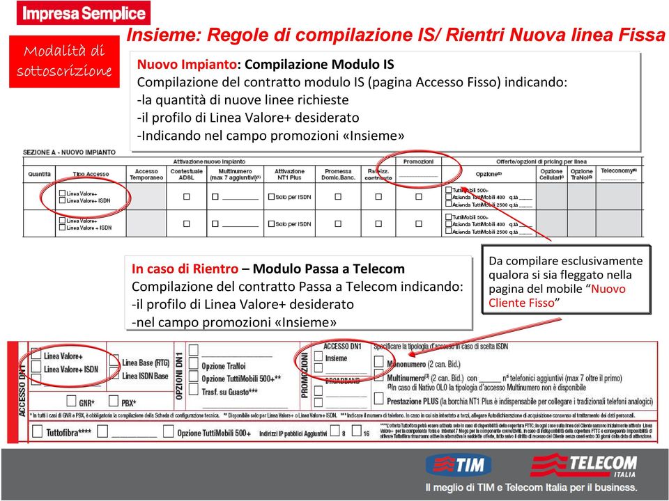 nel campo promozioni «Insieme» In casodirientro Modulo Passaa Telecom Compilazione del contratto Passa a Telecom indicando: -il profilo di Linea