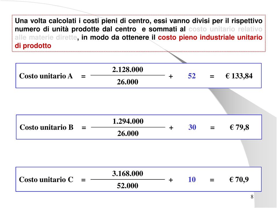 ottenere il costo pieno industriale unitario di prodotto Costo unitario A = 2.128.000 26.
