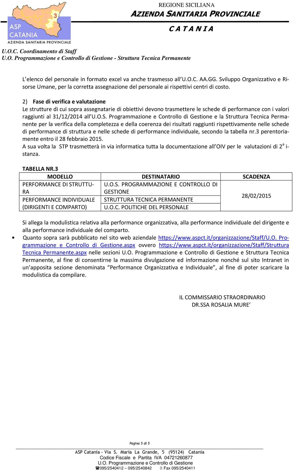 2) Fase di verifica e valutazione Le strutture di cui sopra assegnatarie di obiettivi devono trasmettere le schede di performance con i valori raggiunti al 31/12/2014 all U.O.S.