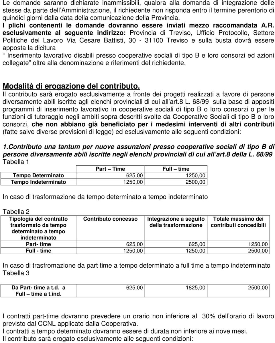 esclusivamente al seguente indirizzo: Provincia di Treviso, Ufficio Protocollo, Settore Politiche del Lavoro Via Cesare Battisti, 30-31100 Treviso e sulla busta dovrà essere apposta la dicitura