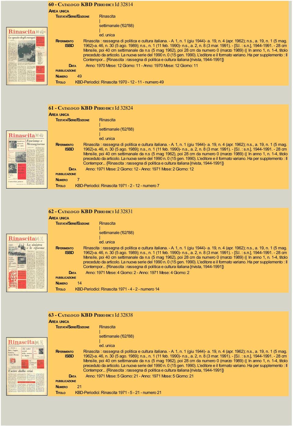 8 (3 mar. 1991). - [S.l. : s.n.], 1944-1991. - 28 cm Mensile, poi 40 cm settimanale da n.s (5 mag 1962), poi 28 cm da numero 0 (marzo 1989) (( In anno 1, n. 1-4, titolo preceduto da articolo.