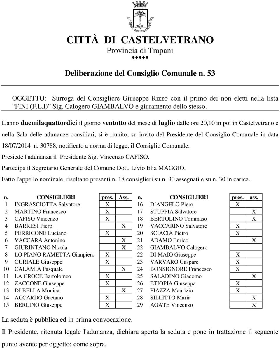 L'anno duemilaquattordici il giorno ventotto del mese di luglio dalle ore 20,10 in poi in Castelvetrano e nella Sala delle adunanze consiliari, si è riunito, su invito del Presidente del Consiglio