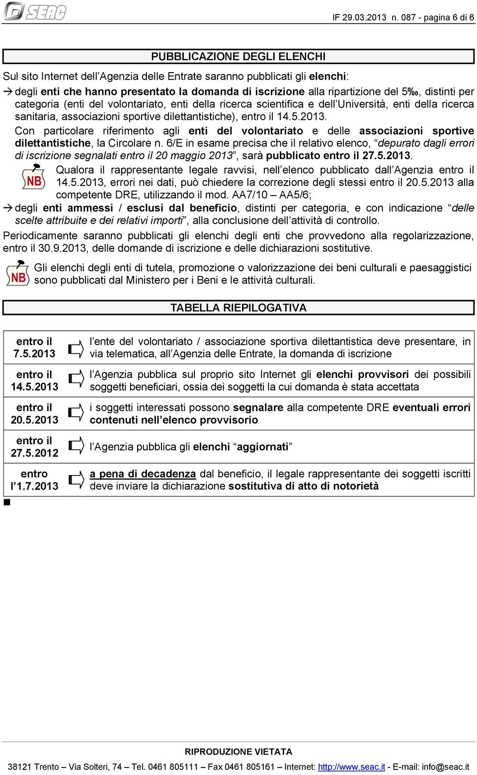 del 5, distinti per categoria (enti del volontariato, enti della ricerca scientifica e dell Università, enti della ricerca sanitaria, associazioni sportive dilettantistiche), 14.5.2013.