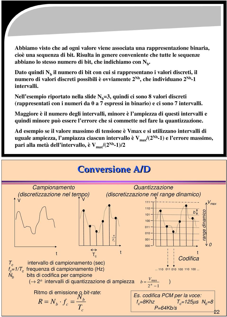 Dato quindi N b il numero di bit con cui si rappresentano i valori discreti, il numero di valori discreti possibili è ovviamente 2 Nb, che individuano 2 Nb -1 intervalli.