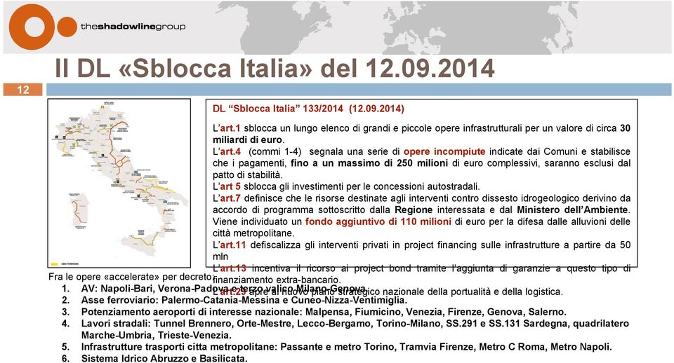 4 (commi 1-4) segnala una serie di opere incompiute indicate dai Comuni e stabilisce che i pagamenti, fino a un massimo di 250 milioni di euro complessivi, saranno esclusi dal patto di stabilità.