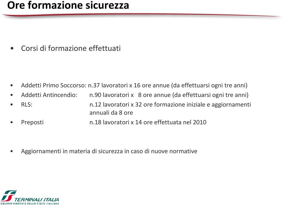 90 lavoratori x 8 ore annue (da effettuarsi ogni tre anni) RLS: n.