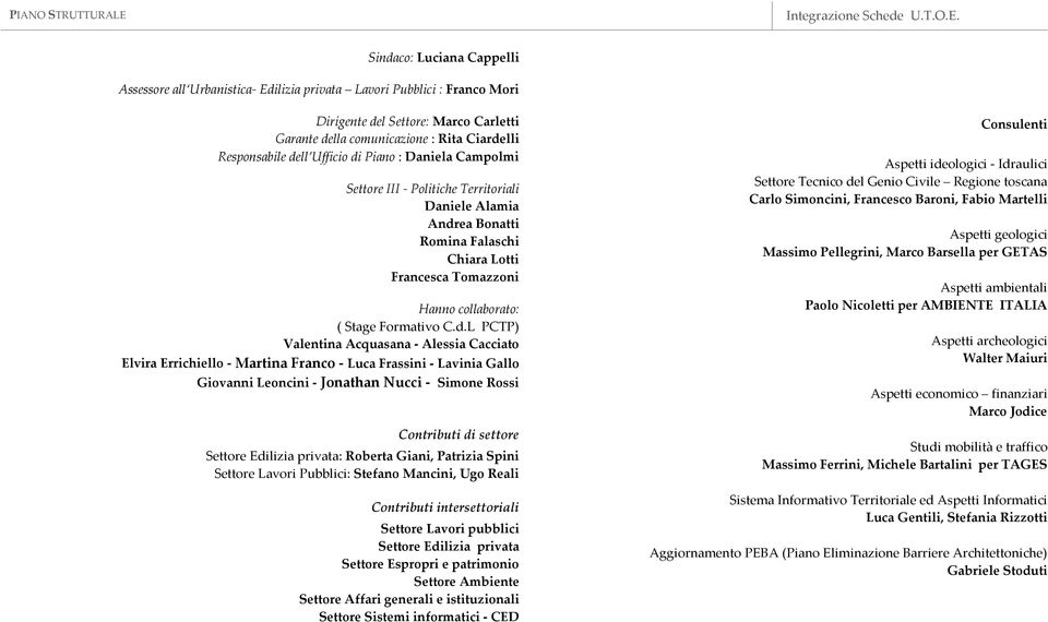 PCTP) Valentina Acquasana - Alessia Cacciato Elvira Errichiello - Martina Franco - Luca Frassini - Lavinia Gallo Giovanni Leoncini - Jonathan Nucci - Simone Rossi Contributi di settore Settore