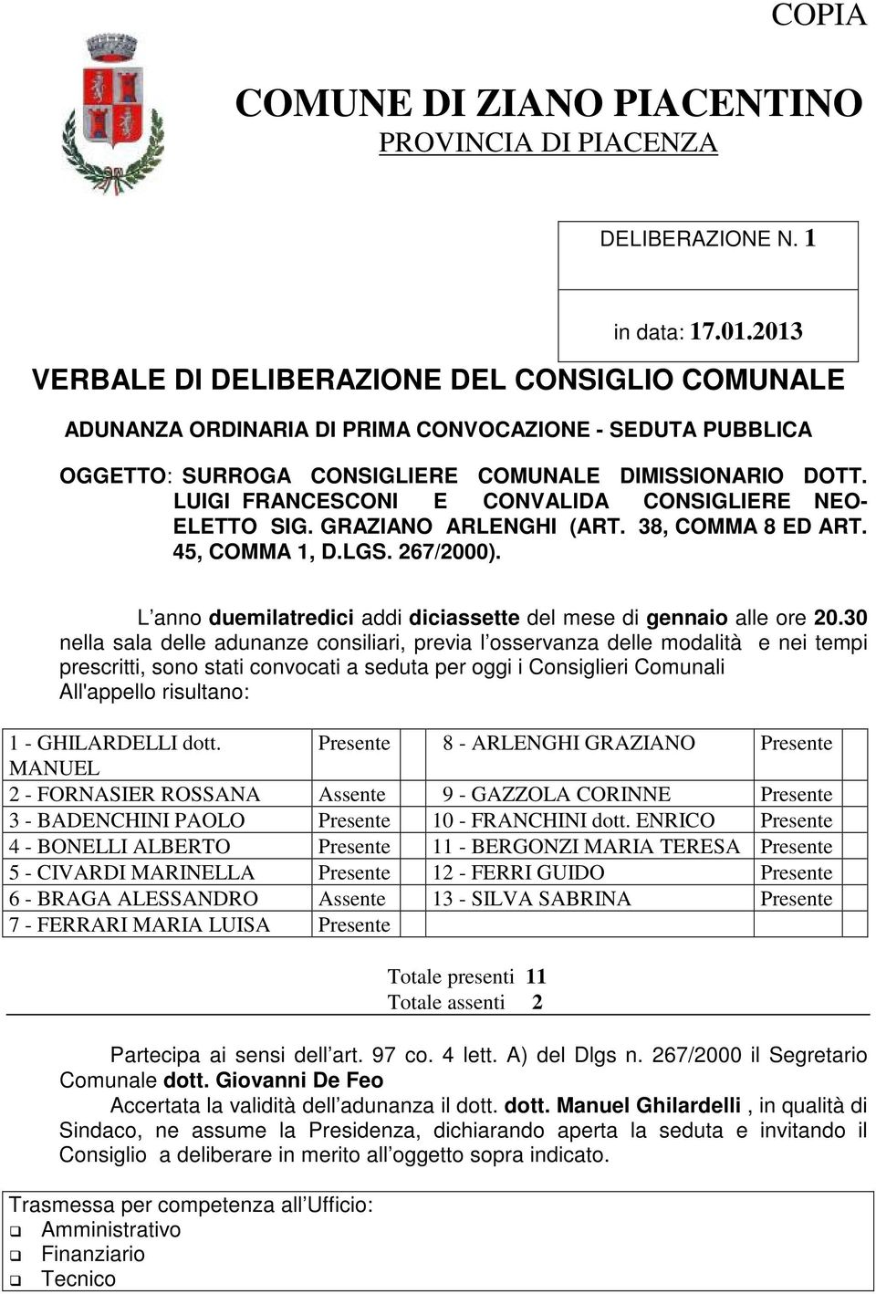 LUIGI FRANCESCONI E CONVALIDA CONSIGLIERE NEO- ELETTO SIG. GRAZIANO ARLENGHI (ART. 38, COMMA 8 ED ART. 45, COMMA 1, D.LGS. 267/2000).