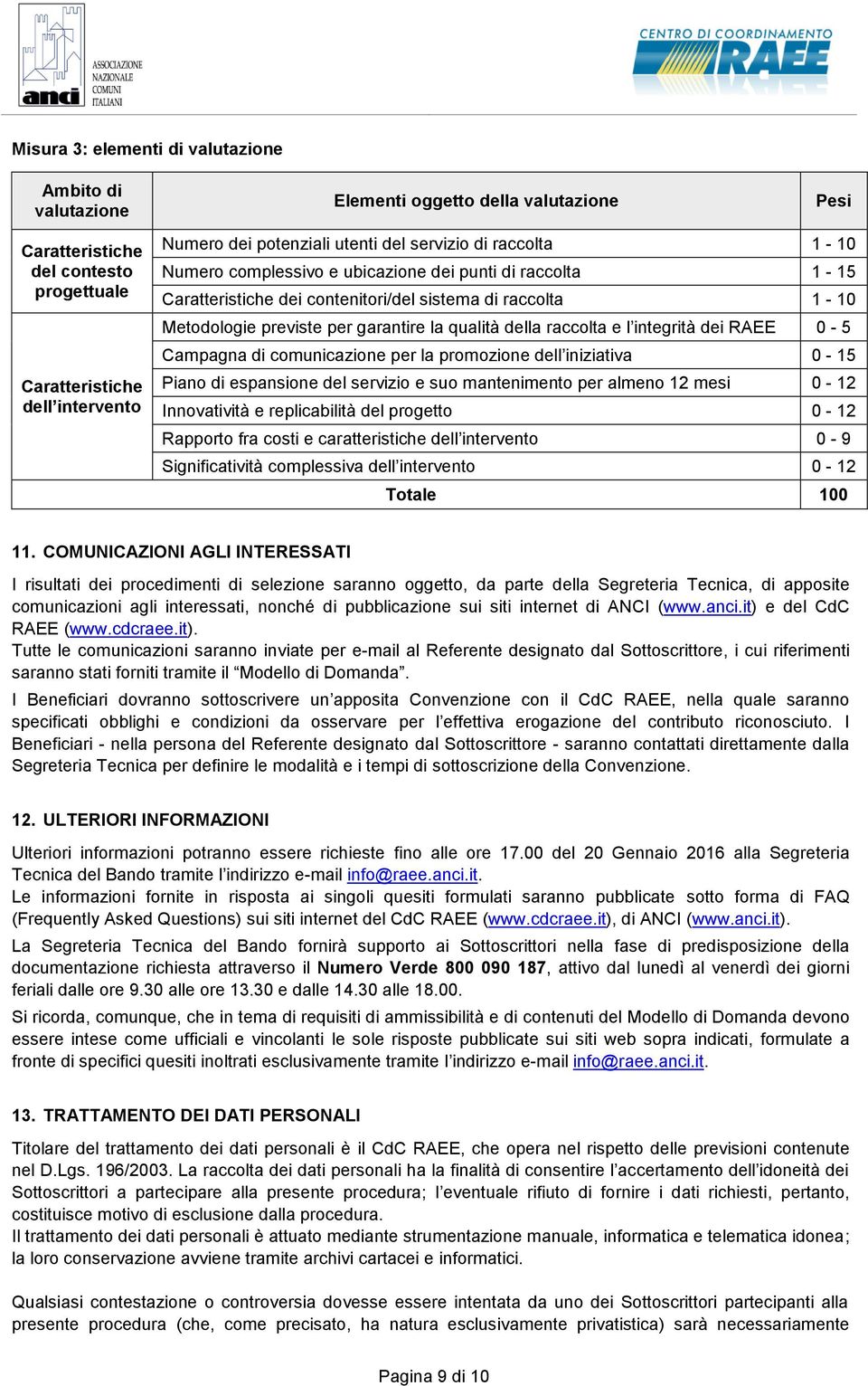 della raccolta e l integrità dei RAEE 0-5 Campagna di comunicazione per la promozione dell iniziativa 0-15 Piano di espansione del servizio e suo mantenimento per almeno 12 mesi 0-12 Innovatività e