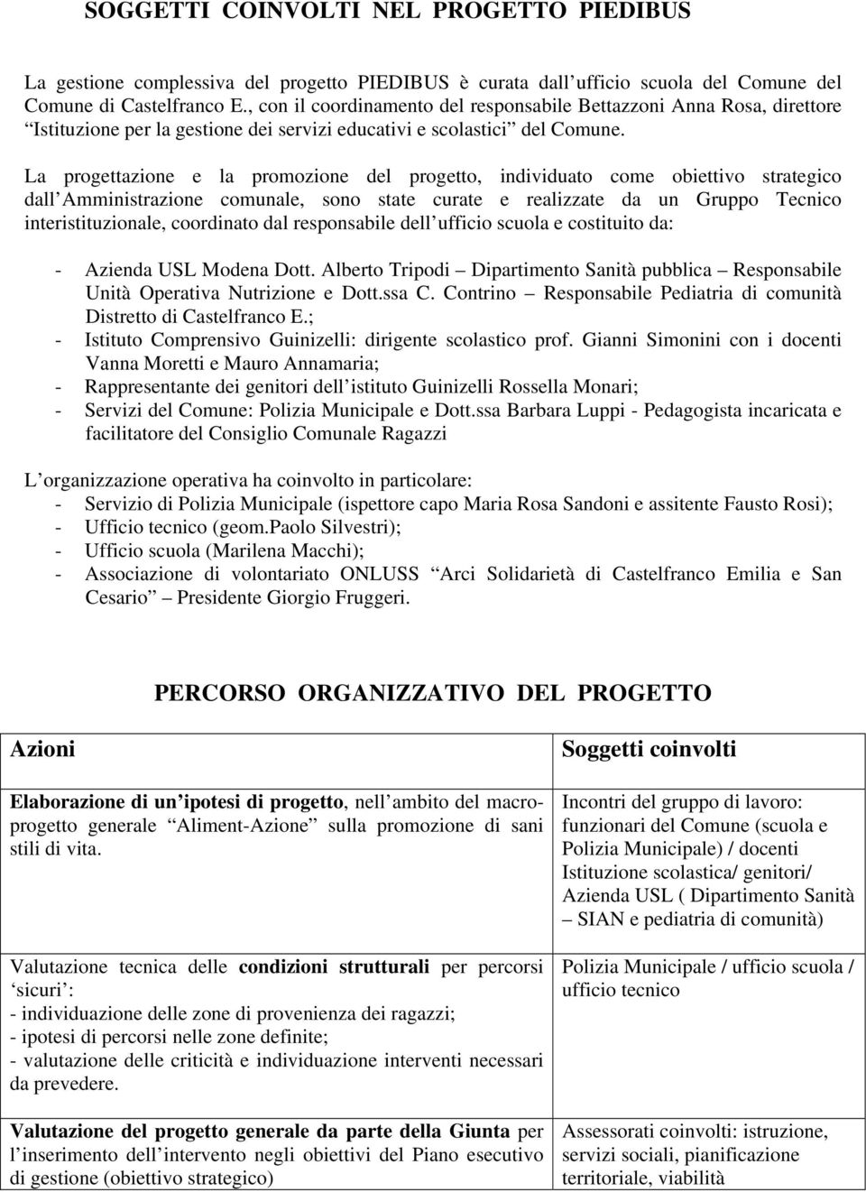 La progettazione e la promozione del progetto, individuato come obiettivo strategico dall Amministrazione comunale, sono state curate e realizzate da un Gruppo Tecnico interistituzionale, coordinato