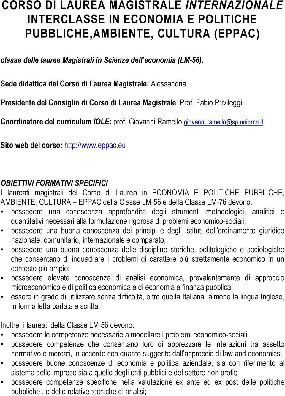 unipmn.it Sito web del corso: http://www.eppac.