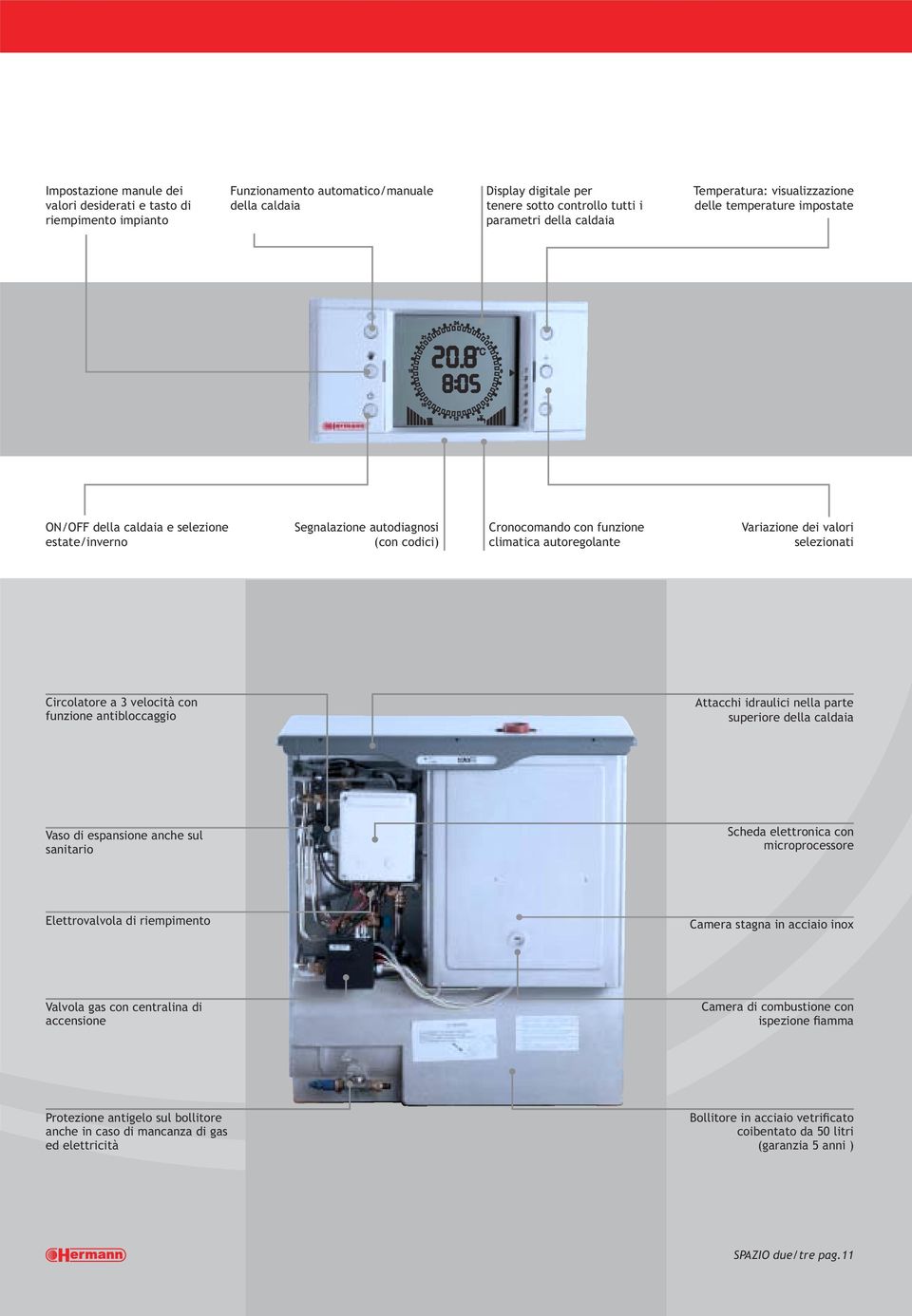 Variazione dei valori selezionati Circolatore a 3 velocità con funzione antibloccaggio Attacchi idraulici nella parte superiore della caldaia Vaso di espansione anche sul sanitario Scheda elettronica