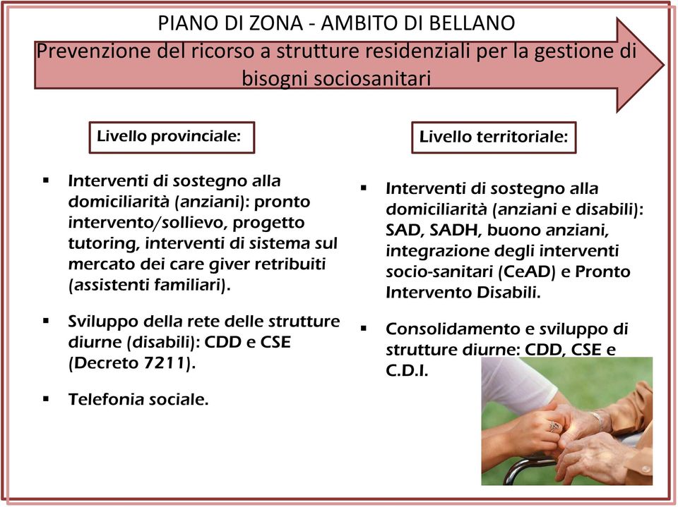 Sviluppo della rete delle strutture diurne (disabili): CDD e CSE (Decreto 7211). Telefonia sociale.