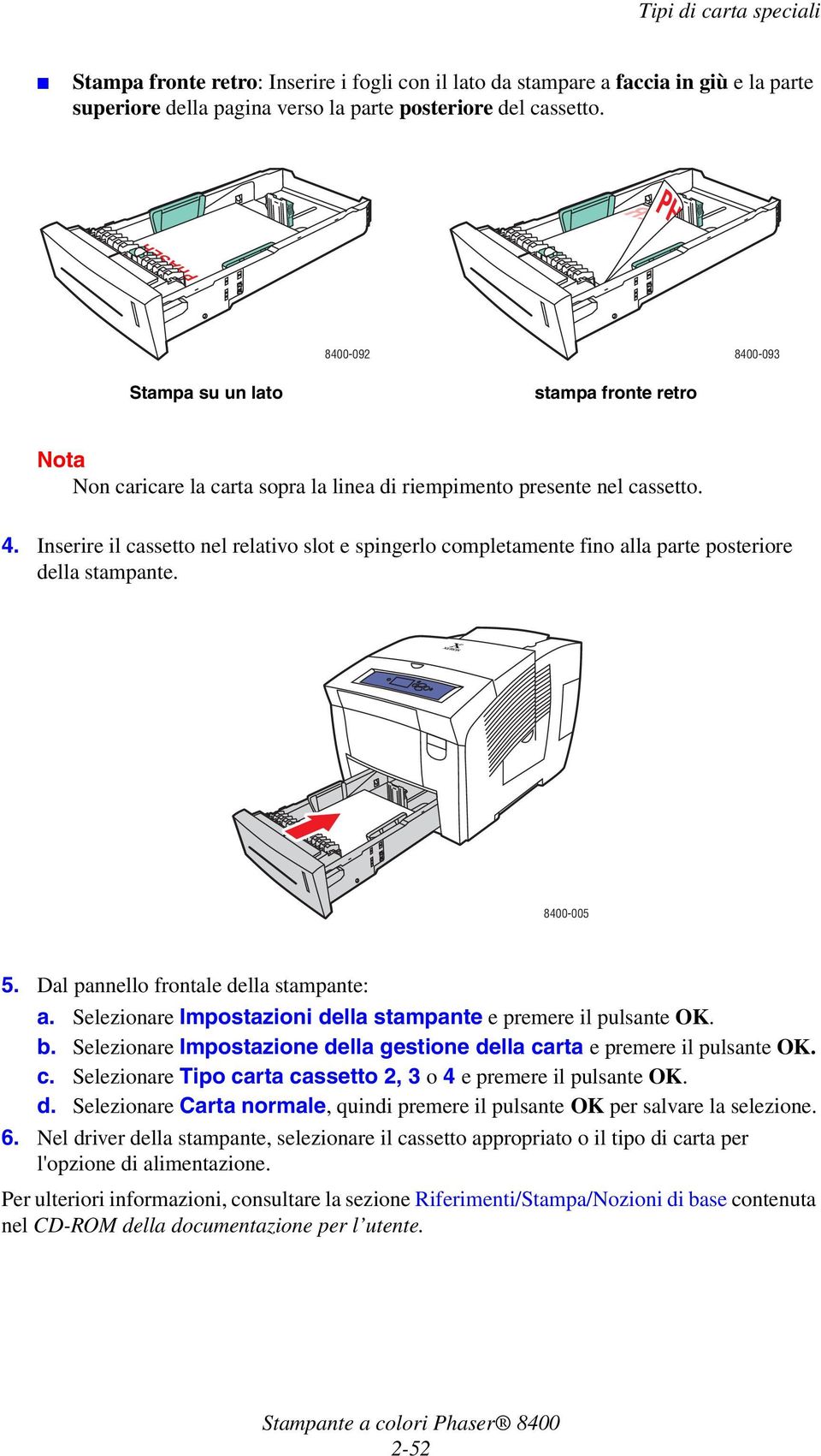 Inserire il cassetto nel relativo slot e spingerlo completamente fino alla parte posteriore della stampante. 8400-005 5. Dal pannello frontale della stampante: a.