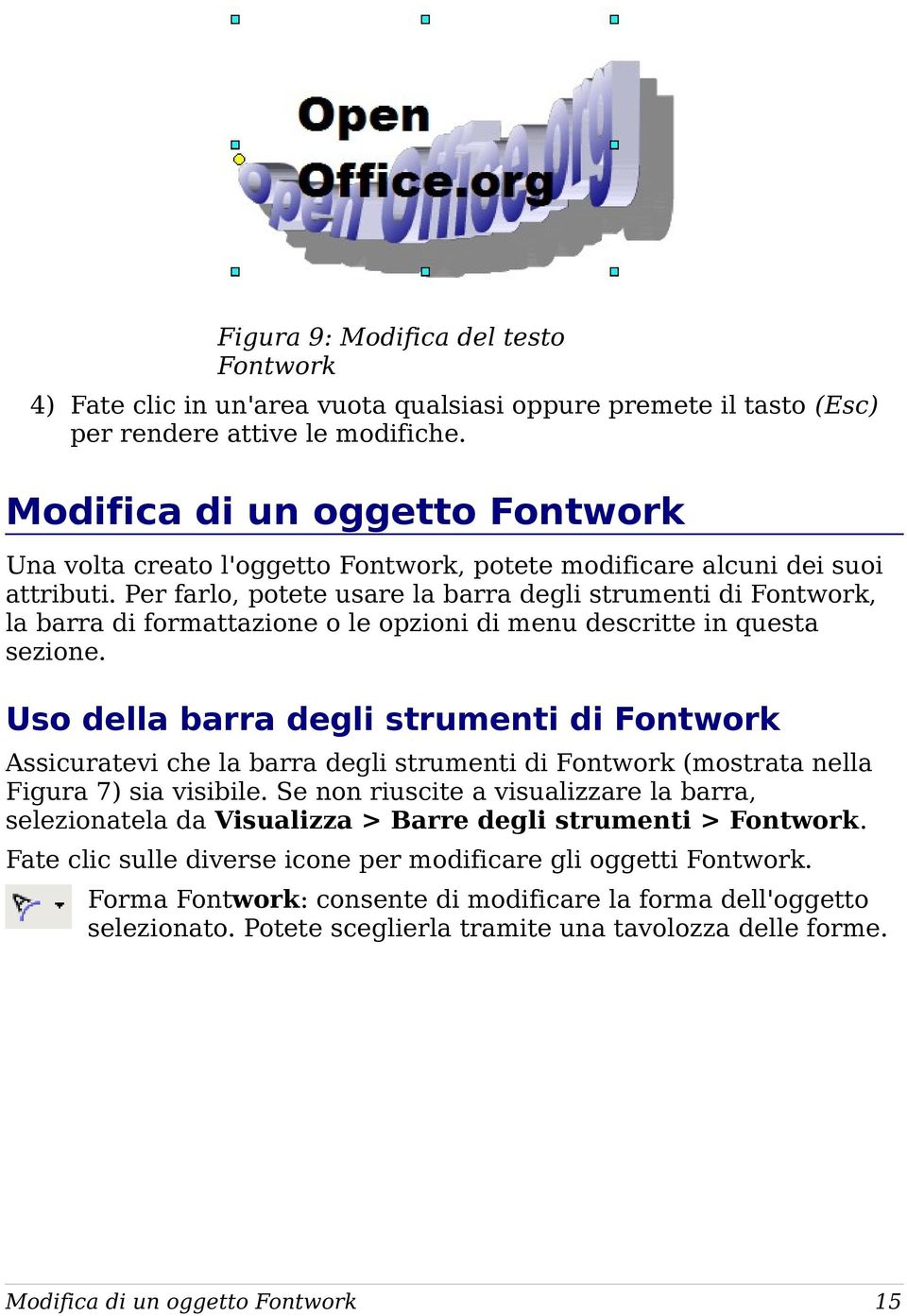 Per farlo, potete usare la barra degli strumenti di Fontwork, la barra di formattazione o le opzioni di menu descritte in questa sezione.