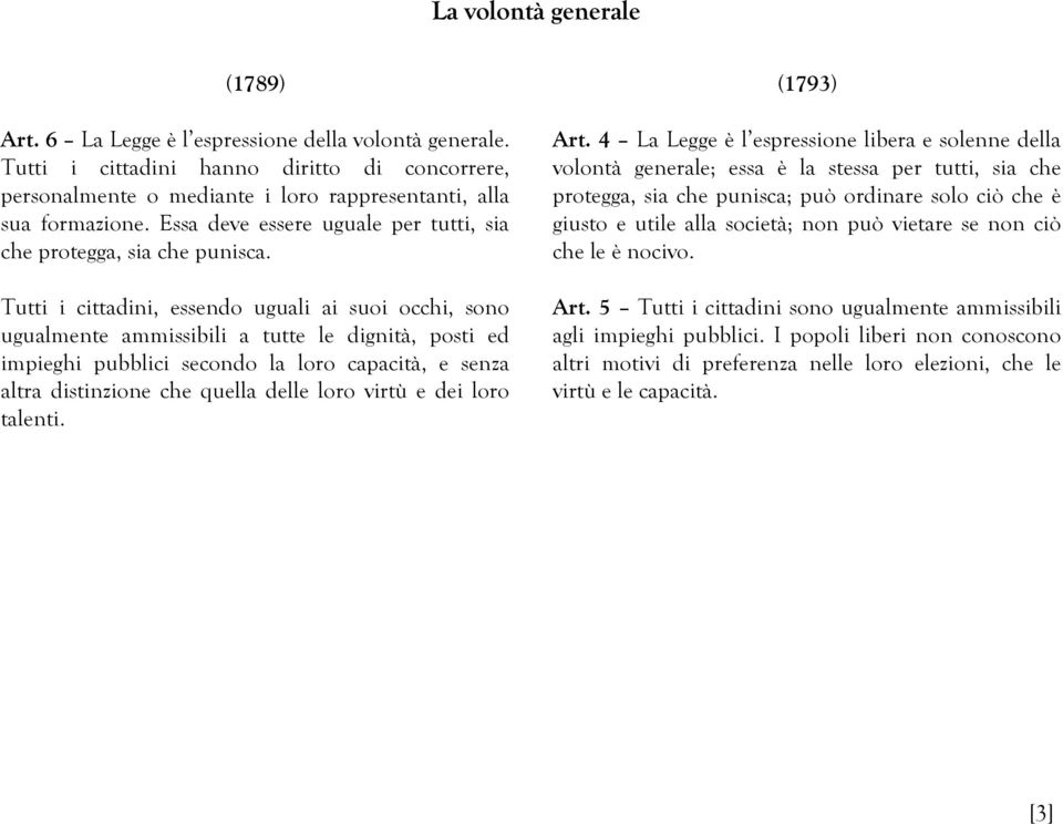 Tutti i cittadini, essendo uguali ai suoi occhi, sono ugualmente ammissibili a tutte le dignità, posti ed impieghi pubblici secondo la loro capacità, e senza altra distinzione che quella delle loro