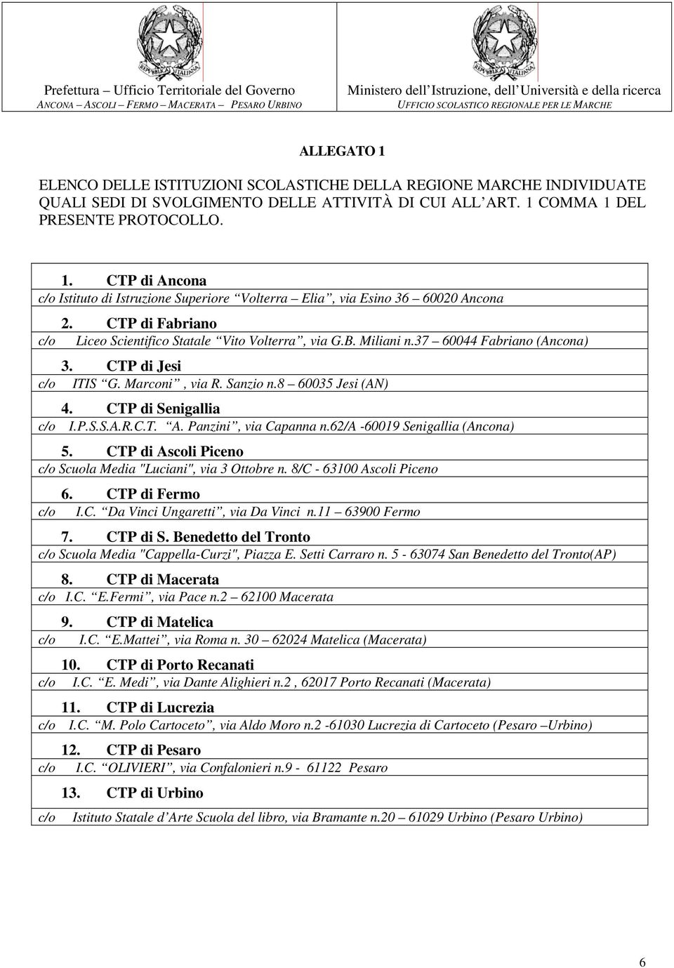 CTP di Senigallia c/o I.P.S.S.A.R.C.T. A. Panzini, via Capanna n.62/a -60019 Senigallia (Ancona) 5. CTP di Ascoli Piceno c/o Scuola Media "Luciani", via 3 Ottobre n. 8/C - 63100 Ascoli Piceno 6.
