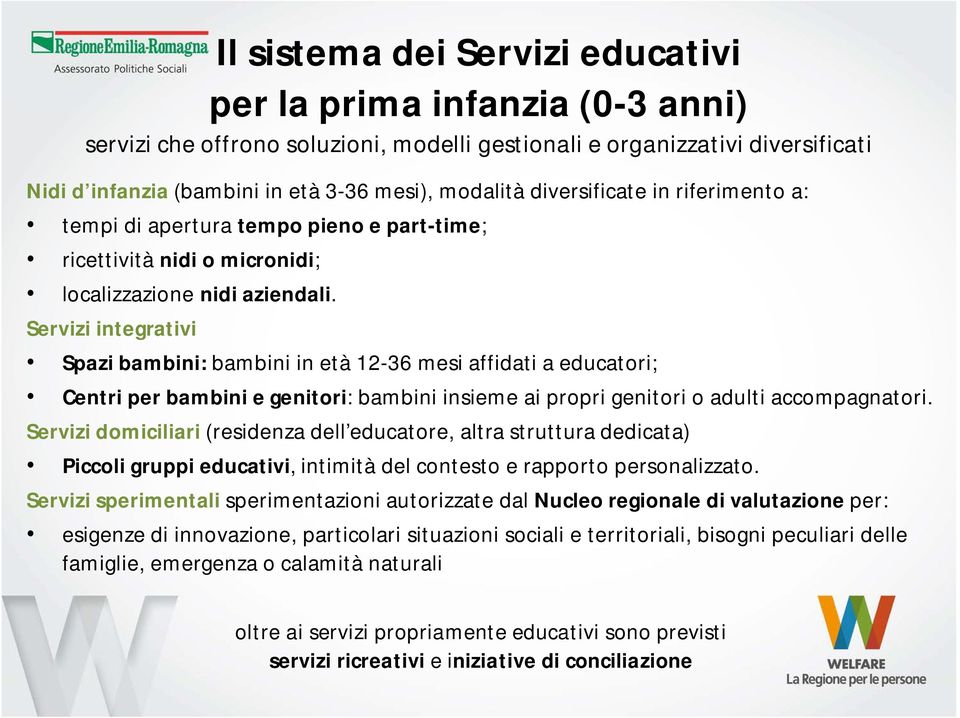 Servizi integrativi Spazi bambini: bambini in età 12-36 mesi affidati a educatori; Centri per bambini e genitori: bambini insieme ai propri genitori o adulti accompagnatori.