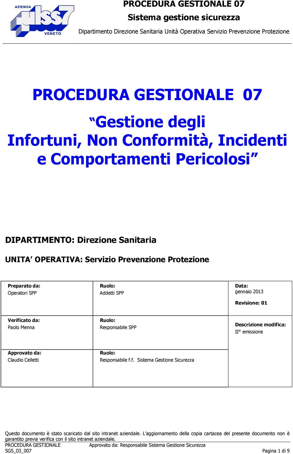 Ruolo: Addetti SPP Data: gennaio 2013 Revisione: 01 Verificato da: Paolo Menna Ruolo: Responsabile SPP Descrizione