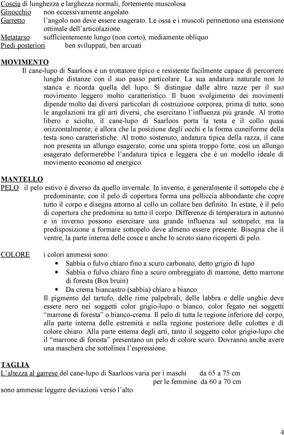 Metatarso sufficientemente lungo (non corto), mediamente obliquo Piedi posteriori ben sviluppati, ben arcuati MOVIMENTO Il cane-lupo di Saarloos è un trottatore tipico e resistente facilmente capace