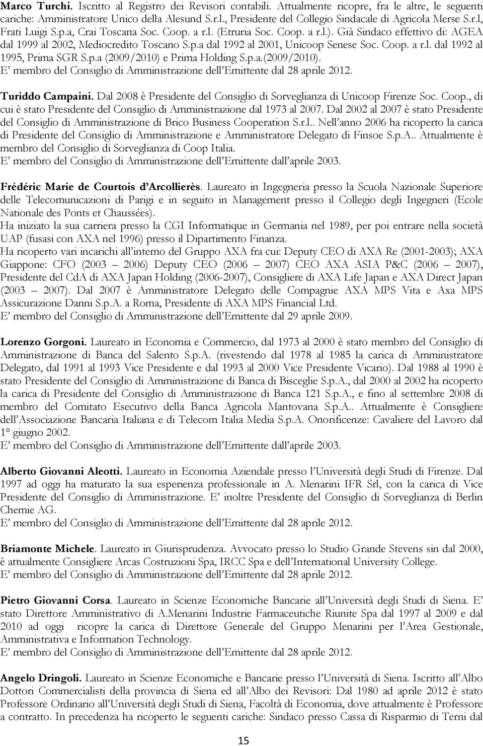 Coop. a r.l. dal 1992 al 1995, Prima SGR S.p.a (2009/2010) e Prima Holding S.p.a.(2009/2010). E membro del Consiglio di Amministrazione dell Emittente dal 28 aprile 2012. Turiddo Campaini.