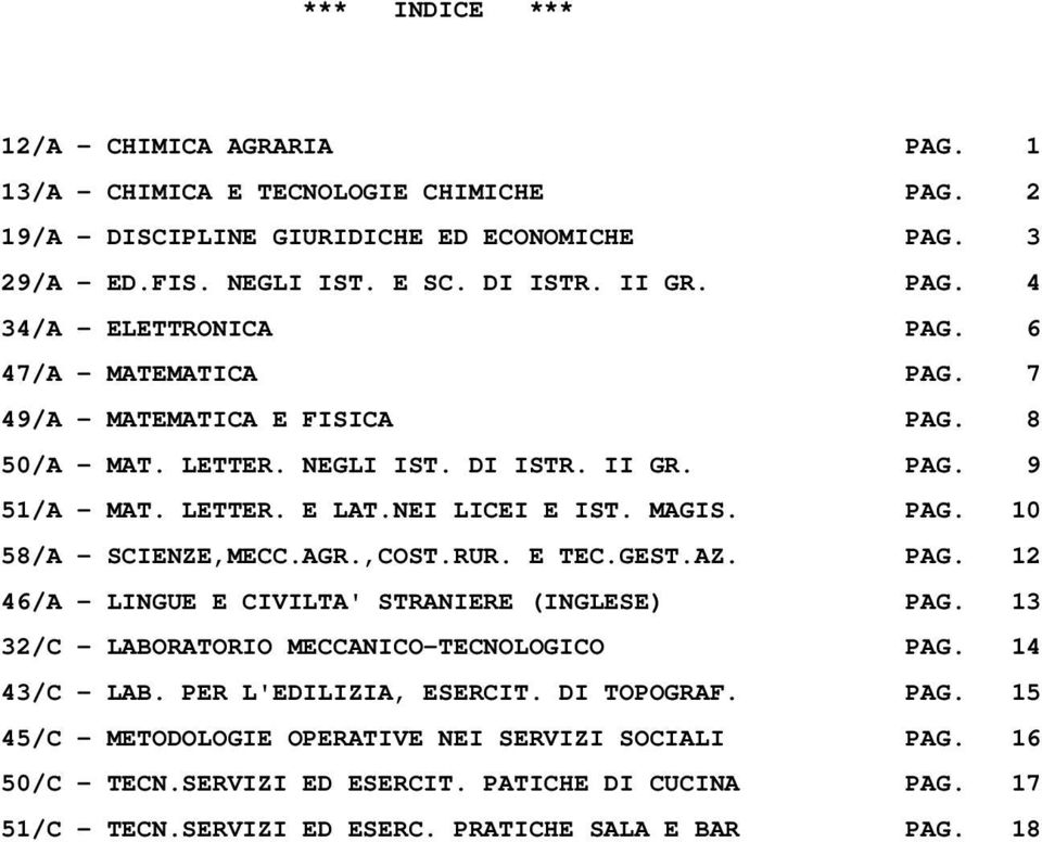 AGR.,COST.RUR. E TEC.GEST.AZ. PAG. 12 46/A - LINGUE E CIVILTA' STRANIERE (INGLESE) PAG. 13 32/C - LABORATORIO MECCANICO-TECNOLOGICO PAG. 14 43/C - LAB. PER L'EDILIZIA, ESERCIT. DI TOPOGRAF. PAG. 15 45/C - METODOLOGIE OPERATIVE NEI SERVIZI SOCIALI PAG.