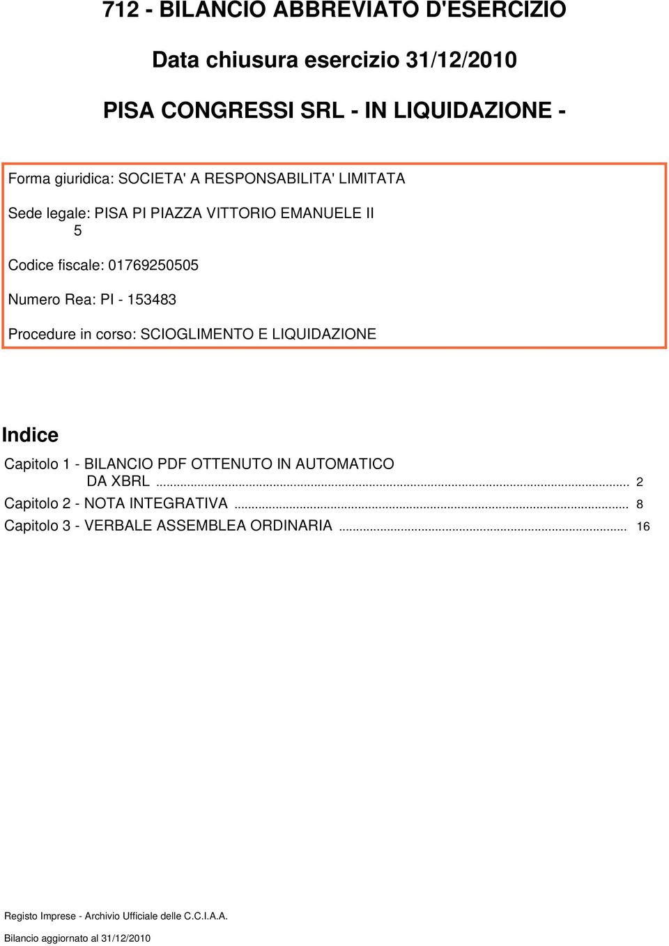 VITTORIO EMANUELE II 5 Numero Rea: PI - 153483 Procedure in corso: SCIOGLIMENTO E LIQUIDAZIONE Indice