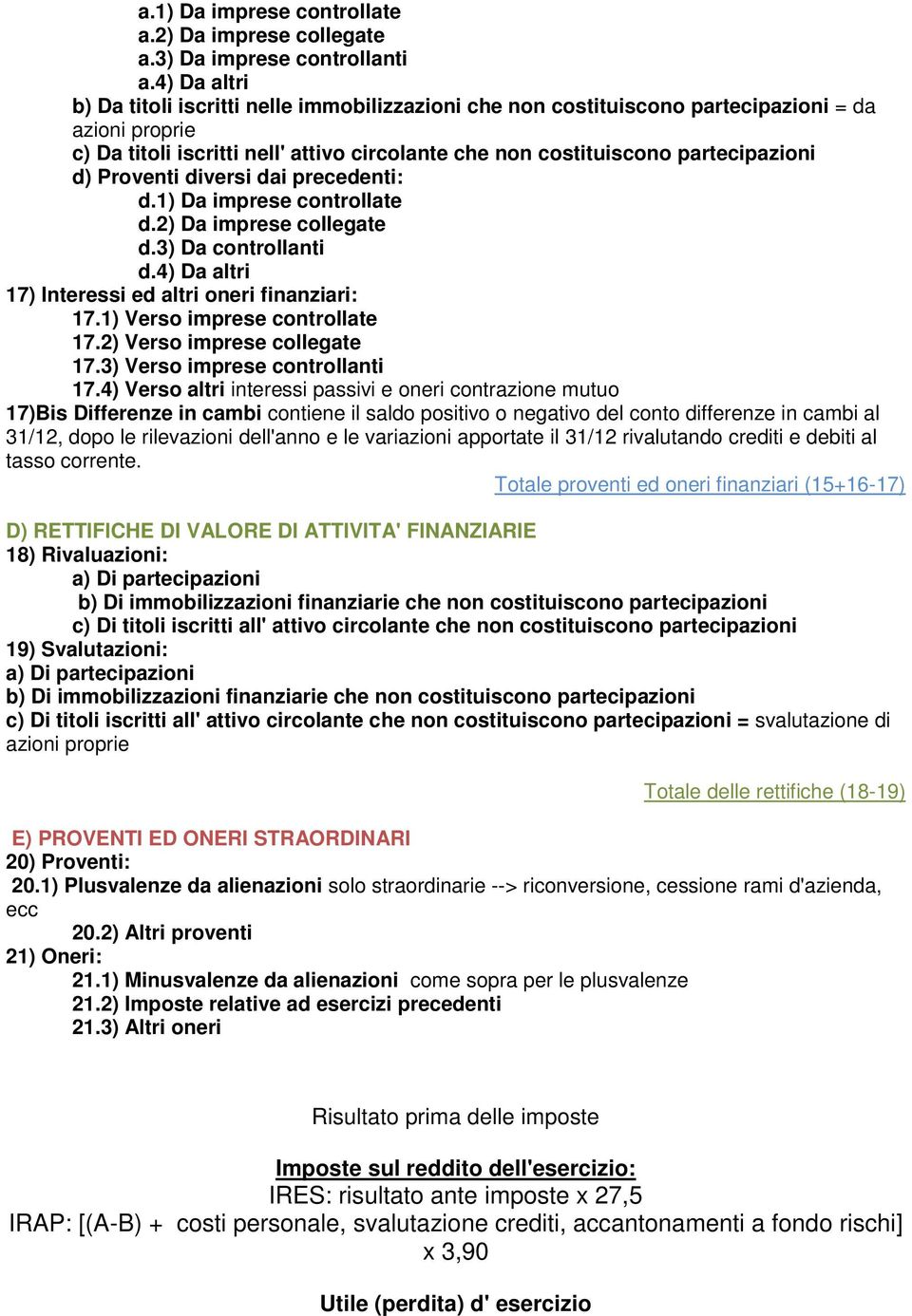 Proventi diversi dai precedenti: d.1) Da imprese controllate d.2) Da imprese collegate d.3) Da controllanti d.4) Da altri 17) Interessi ed altri oneri finanziari: 17.1) Verso imprese controllate 17.