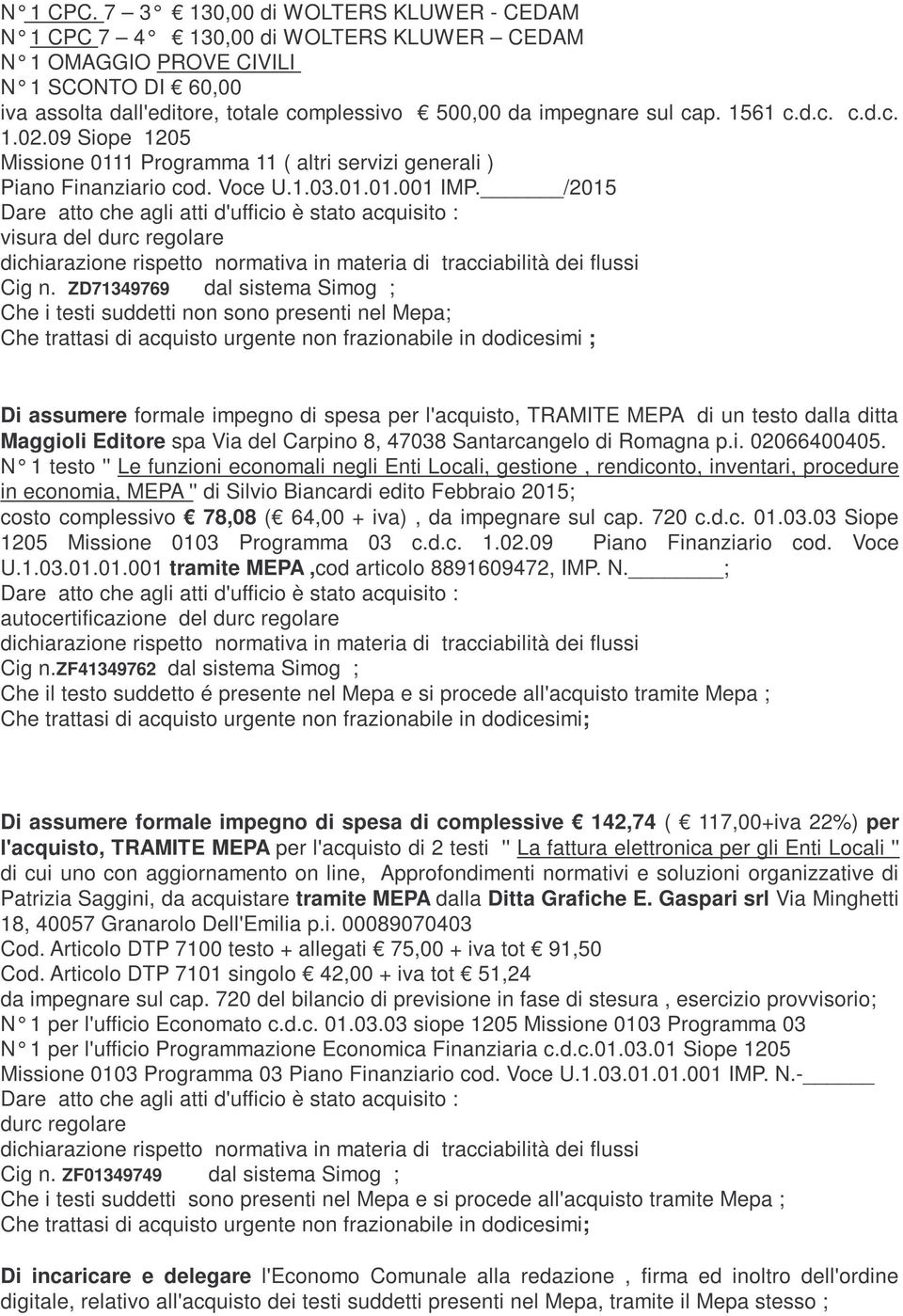 1561 c.d.c. c.d.c. 1.02.09 Siope 1205 Missione 0111 Programma 11 ( altri servizi generali ) Piano Finanziario cod. Voce U.1.03.01.01.001 IMP.