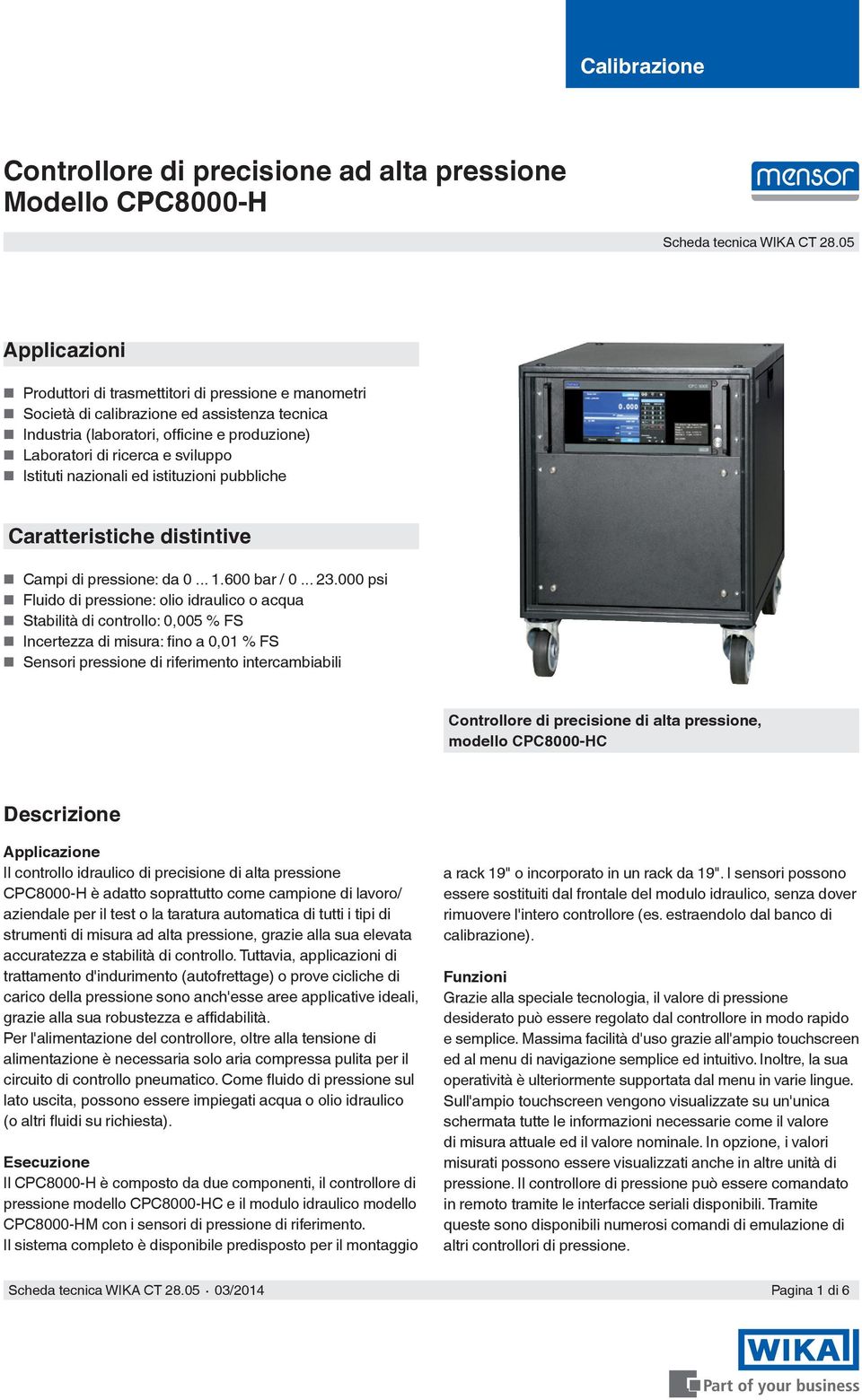 Istituti nazionali ed istituzioni pubbliche Caratteristiche distintive Campi di pressione: da 0... 1.600 bar / 0... 23.