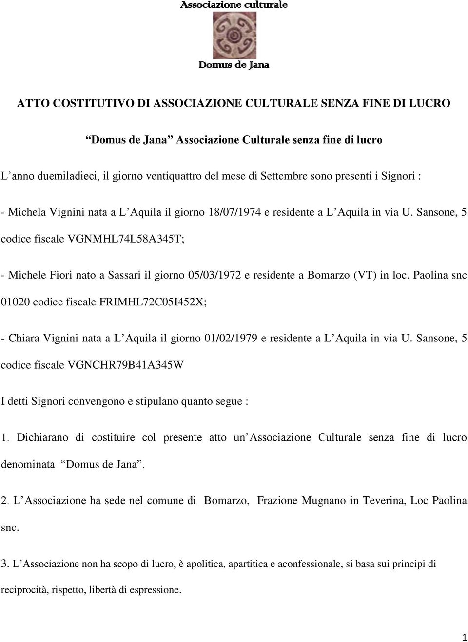 Sansone, 5 codice fiscale VGNMHL74L58A345T; - Michele Fiori nato a Sassari il giorno 05/03/1972 e residente a Bomarzo (VT) in loc.