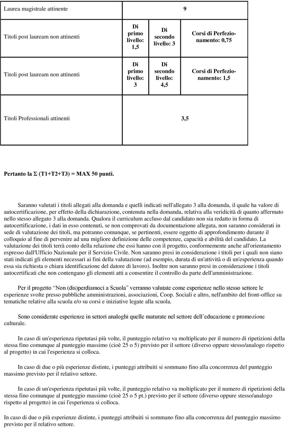 Saranno valutati i titoli allegati alla domanda e quelli indicati nell'allegato 3 alla domanda, il quale ha valore di autocertificazione, per effetto della dichiarazione, contenuta nella domanda,