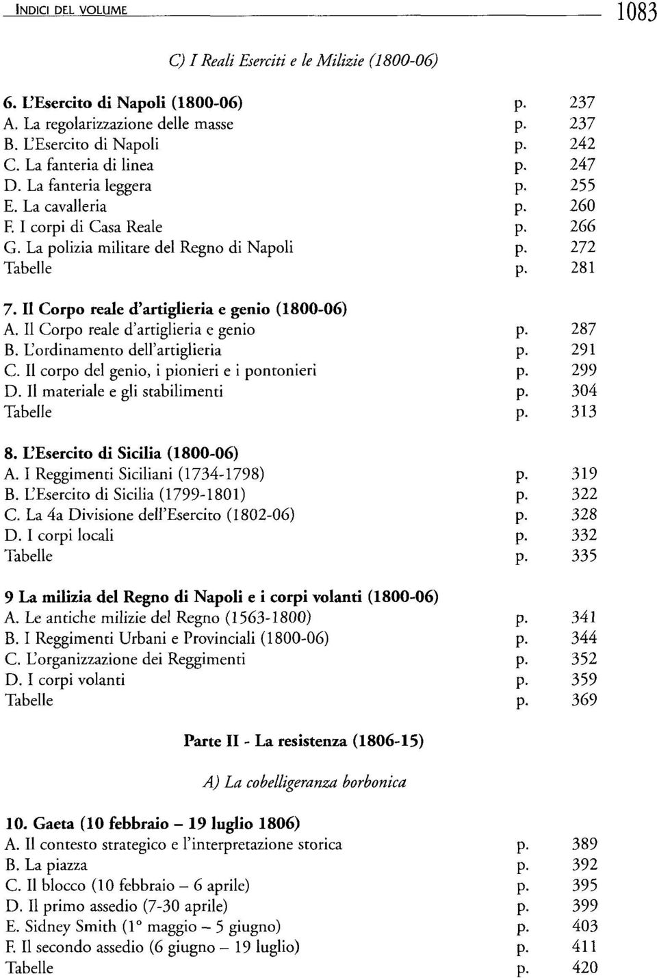 L'ordinamento dell'artiglieria C. Il corpo del genio, i pionieri e i pontonieri D. Il materiale e gli stabilimenti 8. L'Esercito di Sicilia (1800-06) A. I Reggimenti Siciliani (1734-1798) B.