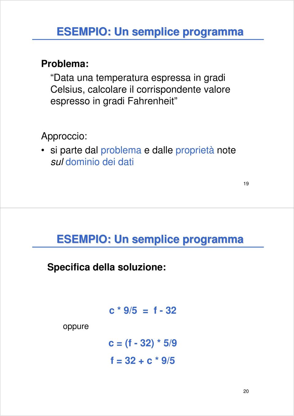 note sul dominio dei dati 19 ESEMPIO: Un semplice programma Specifica della soluzione: Relazioni tra