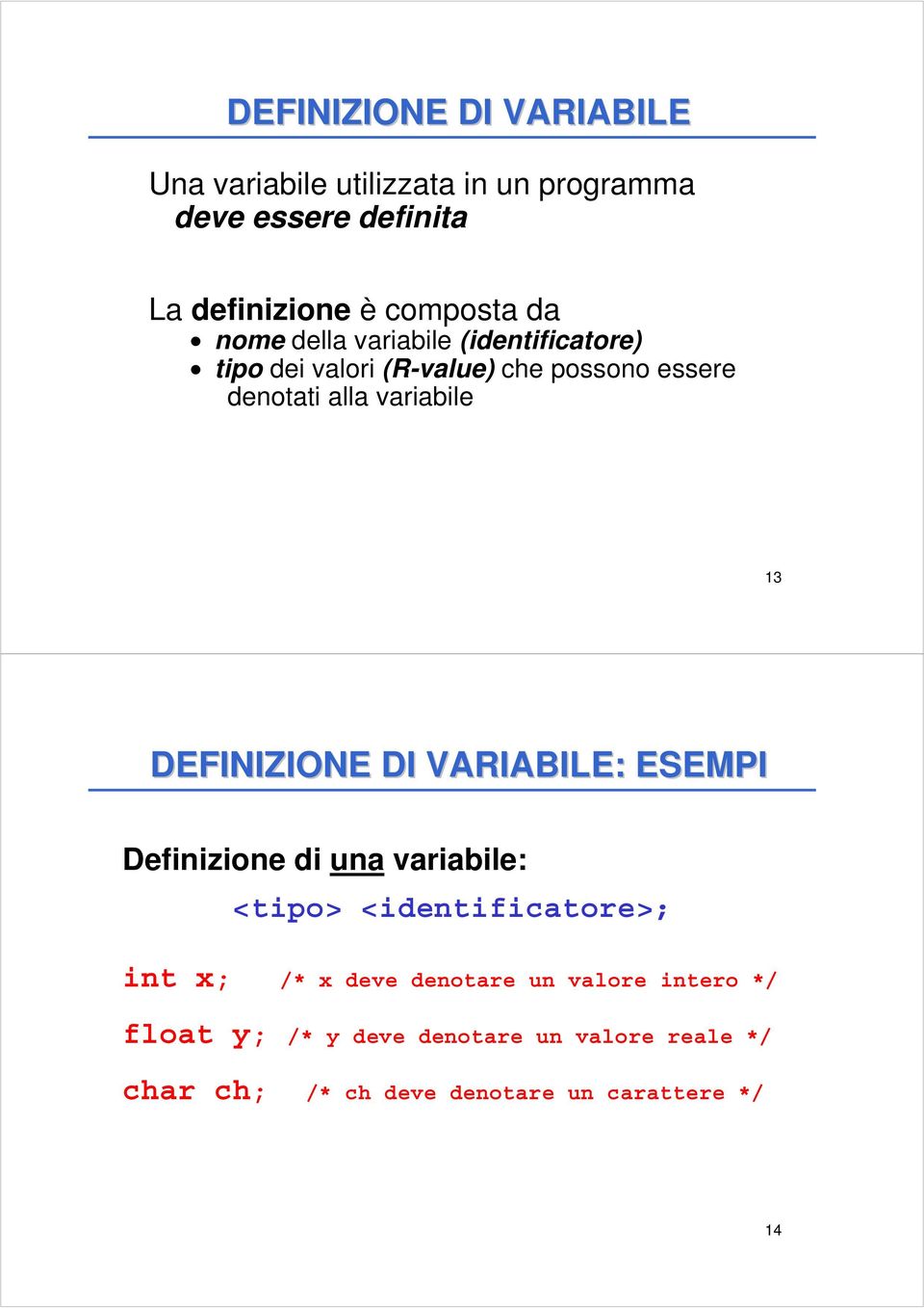 DEFINIZIONE DI VARIABILE: ESEMPI Definizione di una variabile: <tipo> <identificatore>; int x; /* x deve denotare