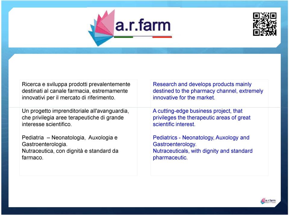 Nutraceutica, con dignità e standard da farmaco. Research and develops products mainly destined to the pharmacy channel, extremely innovative for the market.