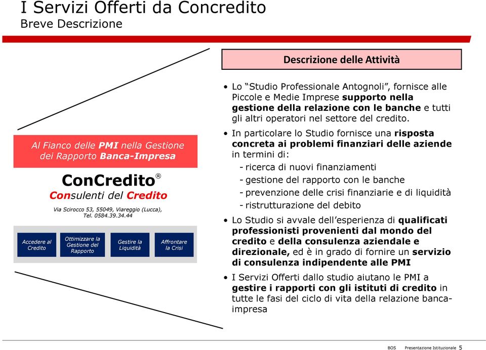 44 Ottimizzare la Gestione del Rapporto Gestire la Liquidità Affrontare la Crisi Lo Studio Professionale Antognoli, fornisce alle Piccole e Medie Imprese supporto nella gestione della relazione con