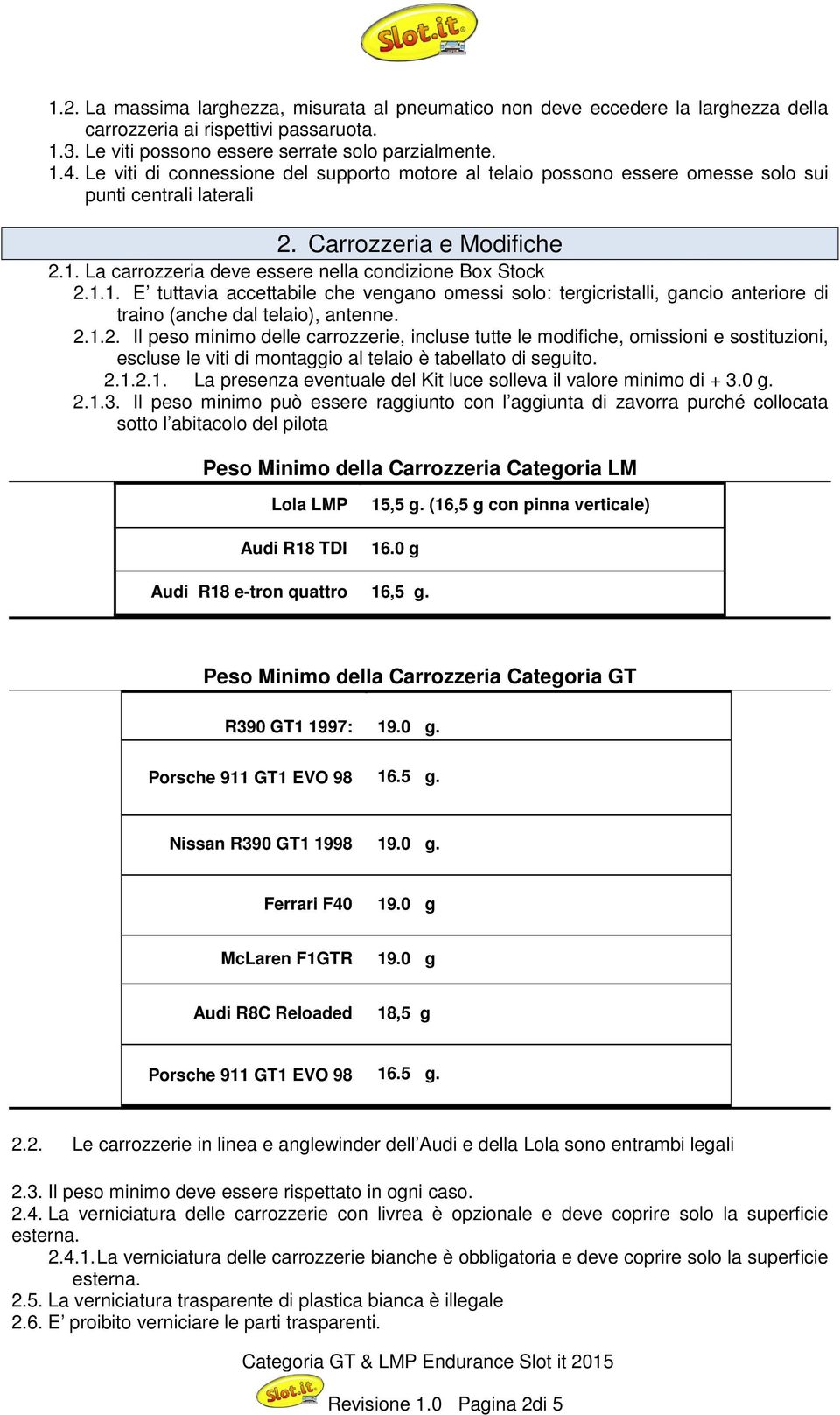 La carrozzeria deve essere nella condizione Box Stock 2.