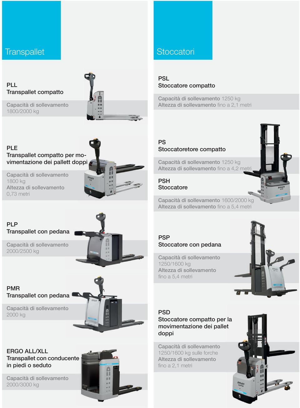 metri PLP Transpallet con pedana 2000/2500 kg PSP Stoccatore con pedana 1250/1600 kg fi no a 5,4 metri PMR Transpallet con pedana 2000 kg ERGO